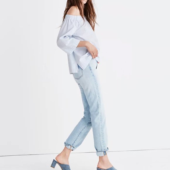 Madewell Clean Off The Shoulder Top Stripe White Blue Cotton Swing Blouse XS - Picture 3 of 13